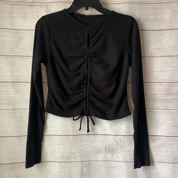 Wild Fable Black Crop Top Shirt with Keyhole Front Tie String Long Sleeves Small - Picture 1 of 12